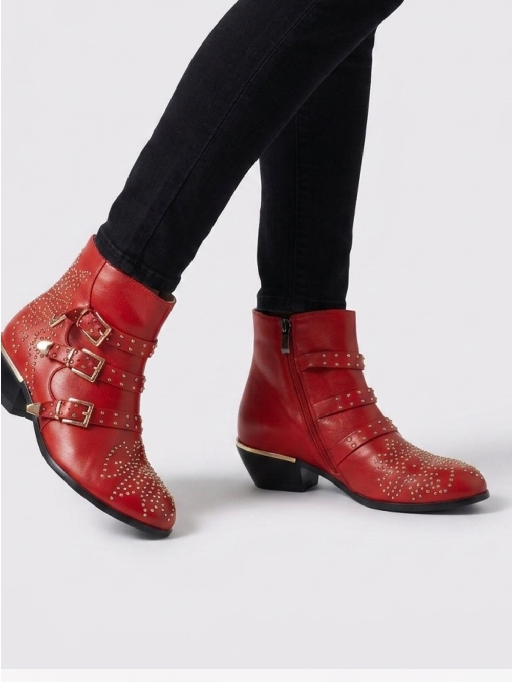 Chlo’e Susanna Red Studded Leather Ankle Booties with Triple Buckle Detail